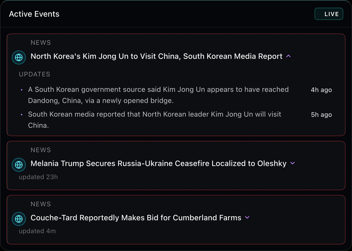 Senntric Active Events news threads: North Korea’s Kim Jong Un to visit China with two timestamped updates, plus Melania Trump ceasefire and Couche-Tard bid threads