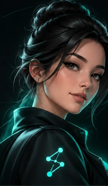 Sena, Senntric’s AI trading companion, in a black jacket with the teal Senntric mark